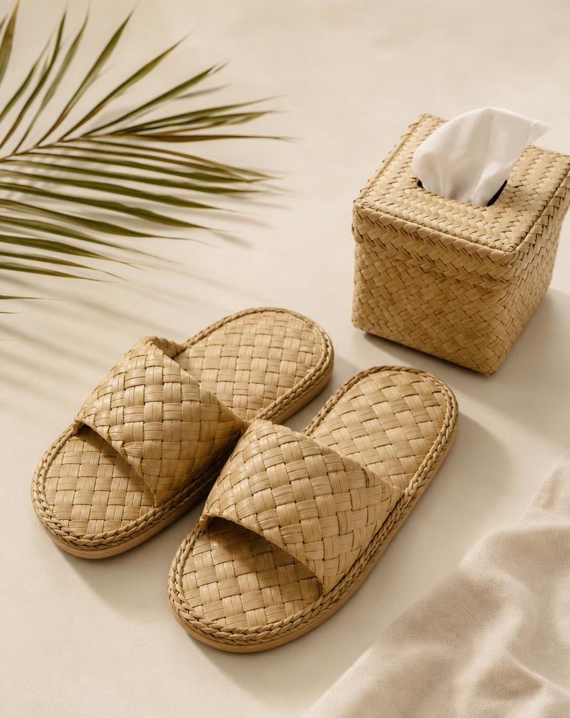 Sandal dan kotak tisu anyaman pandan