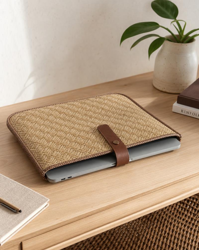 Tas laptop anyaman pandan dengan detail kulit